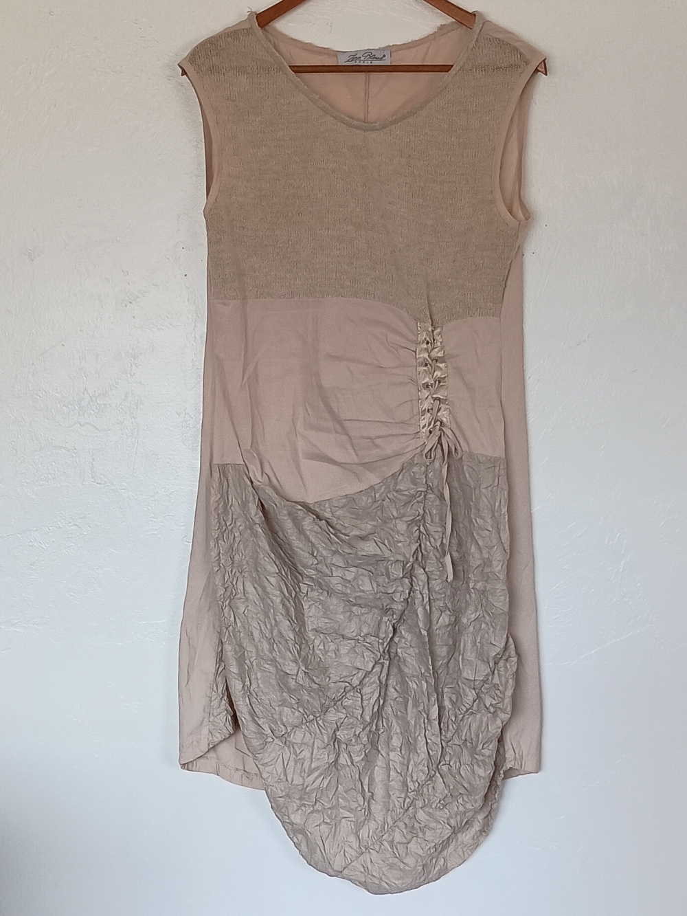 Vintage Zone Bleue Beige Mixed-Texture Sleeveless Dress Y2K T4